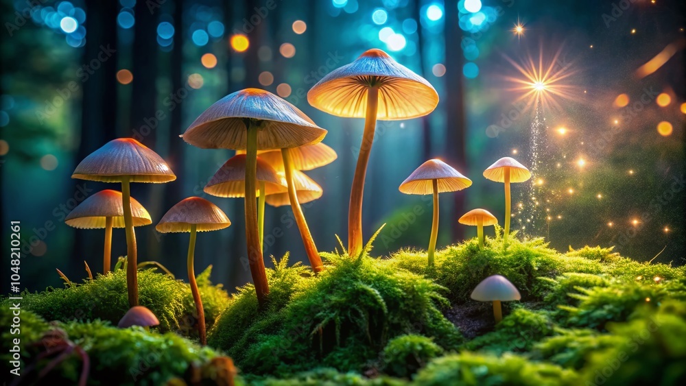 Fototapeta premium Enchanting Mycena Mushrooms in Low Light on Lush Grass and Moss