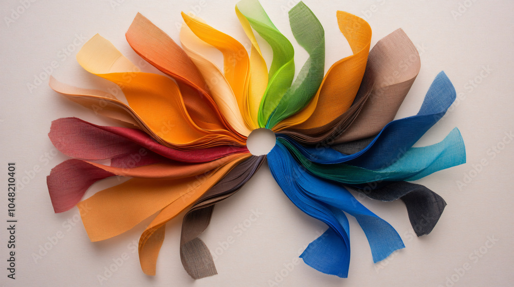 Fototapeta premium Colorful fabric swatches arranged in circular pattern create vibrant display of hues, showcasing variety of textures and shades that inspire creativity and design