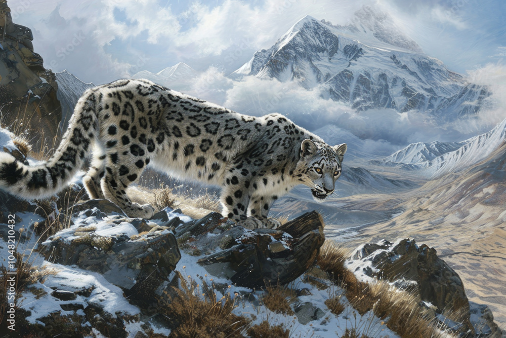 A snow leopard is walking on a rocky mountain A snow leopard is walking on a rocky mountain