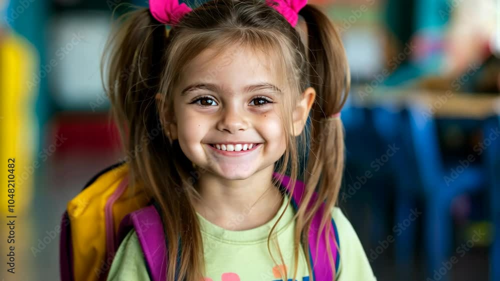 cute young girl with pink backpack at classroom cute young girl with pink backpack at classroom