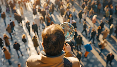 businessman is studing a crowd of people with a magnifying glass. Hr search candidates for work, staff recruiting photo