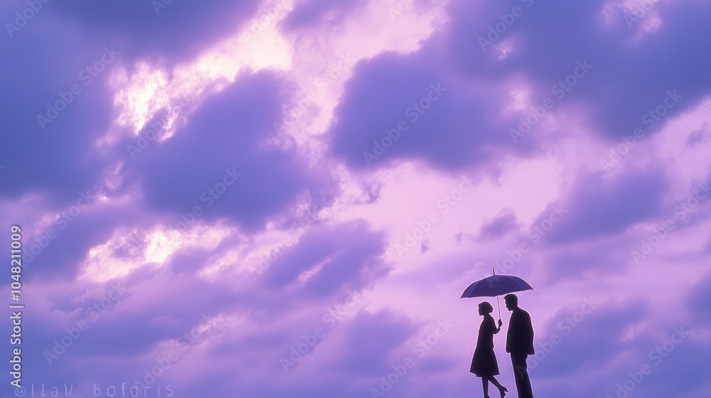 Silhouette of Couple Walking Under Umbrella with Ominous Storm Clouds - Romantic Tension in Ultra-Detailed Image Silhouette of Couple Walking Under Umbrella with Ominous Storm Clouds - Romantic Tension in Ultra-Detailed Image