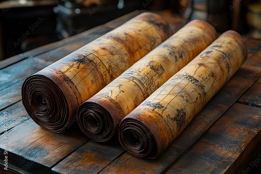 Fototapeta premium Three beautifully rolled decorative scrolls with intricate patterns, placed on a wooden surface in a warm, rustic setting.