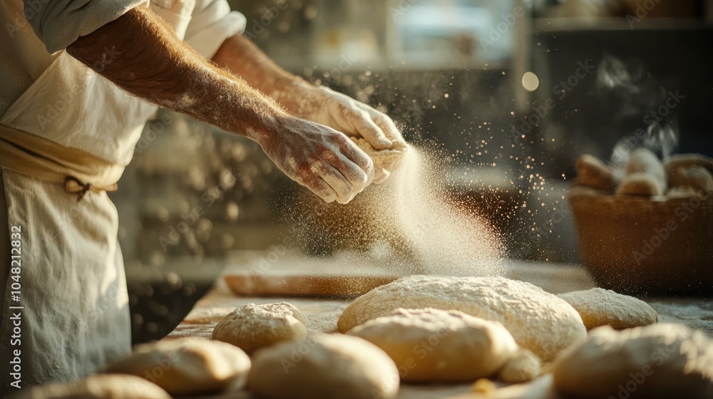 Baker Dusting Flour Over Freshly Formed Dough Balls Baker Dusting Flour Over Freshly Formed Dough Balls