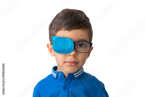 Boy in glasses with eye patch. Occluder, lazyeye, amblyopia, strabismus. Vision testing concept. Reviewing eyesight photo