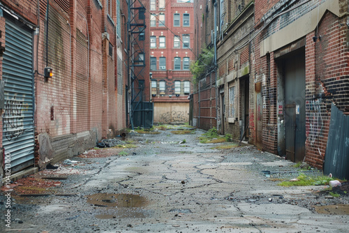 A narrow alleyway with graffiti on the walls and a few trash cans photo