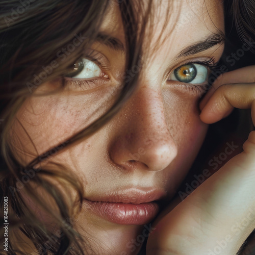 Close-up portrait of a young woman with captivating green eyes and wavy hair, expressing natural beauty and emotion in soft natural lighting.