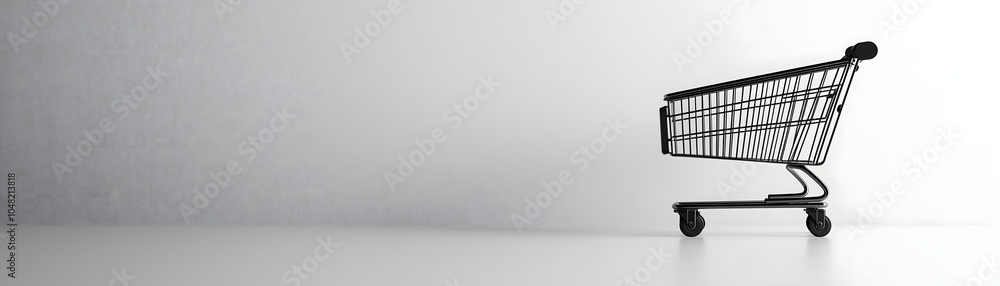 Photograph of a shopping cart in side view against a white background, designed for a banner with a designated copy space on the right. This minimal style stock photo features high resolution. Photograph of a shopping cart in side view against a white background, designed for a banner with a designated copy space on the right. This minimal style stock photo features high resolution.