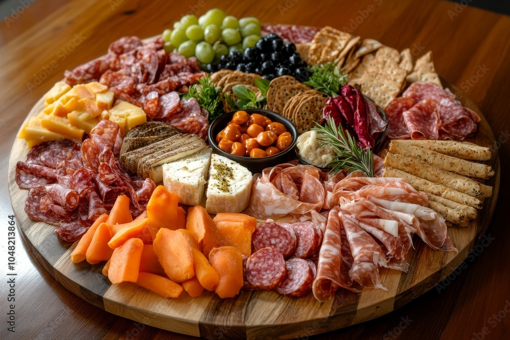 Top view of a round wooden platter with various charcuterie, cheese, and fruit. Top view of a round wooden platter with various charcuterie, cheese, and fruit.
