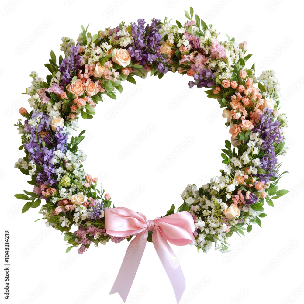 Floral wreath with vibrant flowers and pink ribbon. Floral wreath with vibrant flowers and pink ribbon.