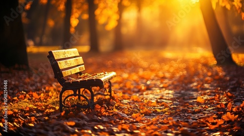 A Lonely Bench in a Golden Autumn Park