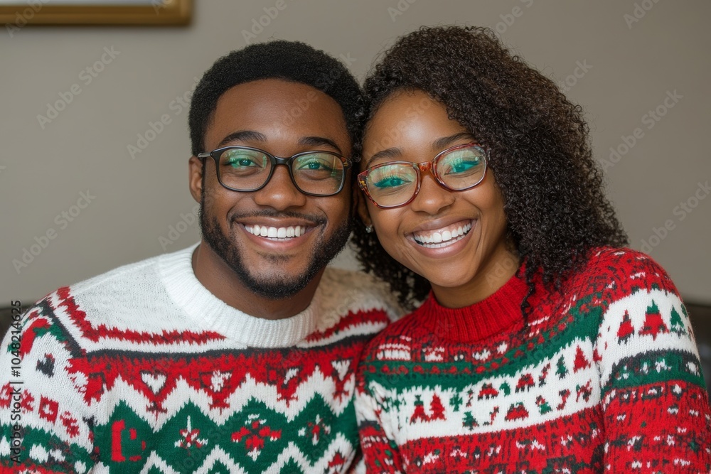 Smiling couple in ugly Christmas sweaters. Smiling couple in ugly Christmas sweaters.