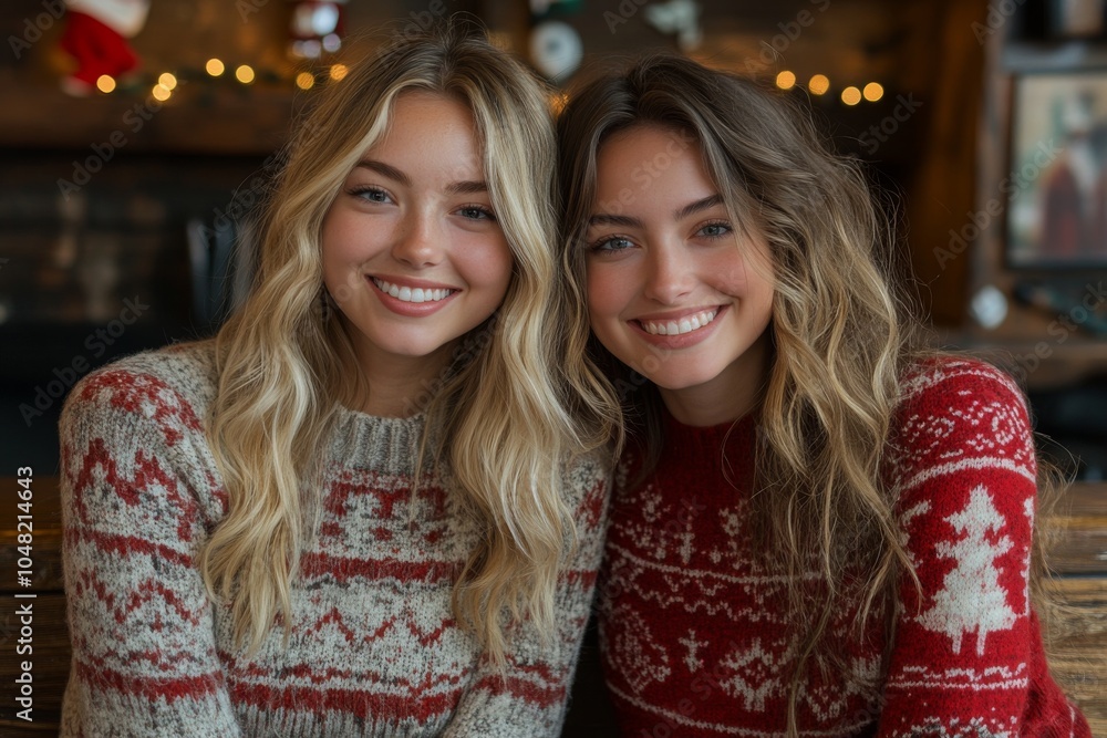 Smiling girlfriends in ugly Christmas sweaters. Smiling girlfriends in ugly Christmas sweaters.