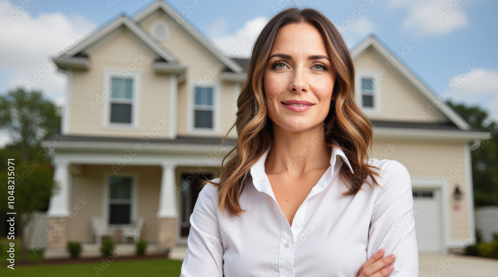 Professional Female Realtor Portrait in Front of Home - Confident Real Estate Agent, Smiling and Successful Professional Female Realtor Portrait in Front of Home - Confident Real Estate Agent, Smiling and Successful
