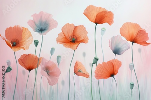 Delicate Pastel Poppies in Soft Focus: A Serene Floral Landscape Capturing the Beauty of Natureâ€™s Blooms and Gentle Hues for Relaxing Decor