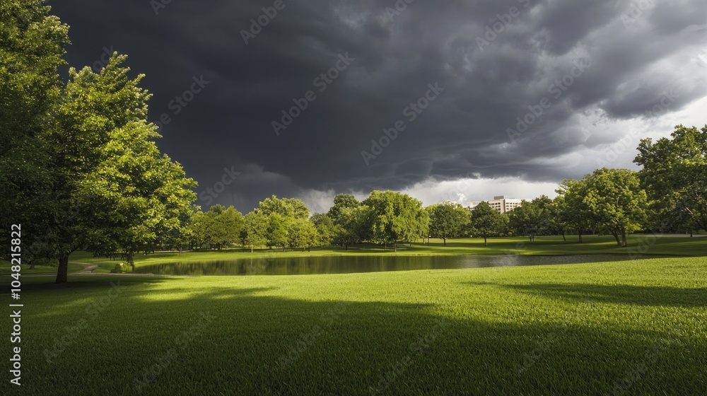 Fototapeta premium Tranquil Park Landscape with Gathering Storm Clouds and Lush Greenery - Ultra-Detailed Scenery of Nature's Contrasts