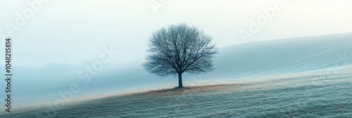 Lone Tree on Hill, a solitary tree stands on a gentle hillside, enveloped in a soft haze, evoking tranquility and solitude. photo