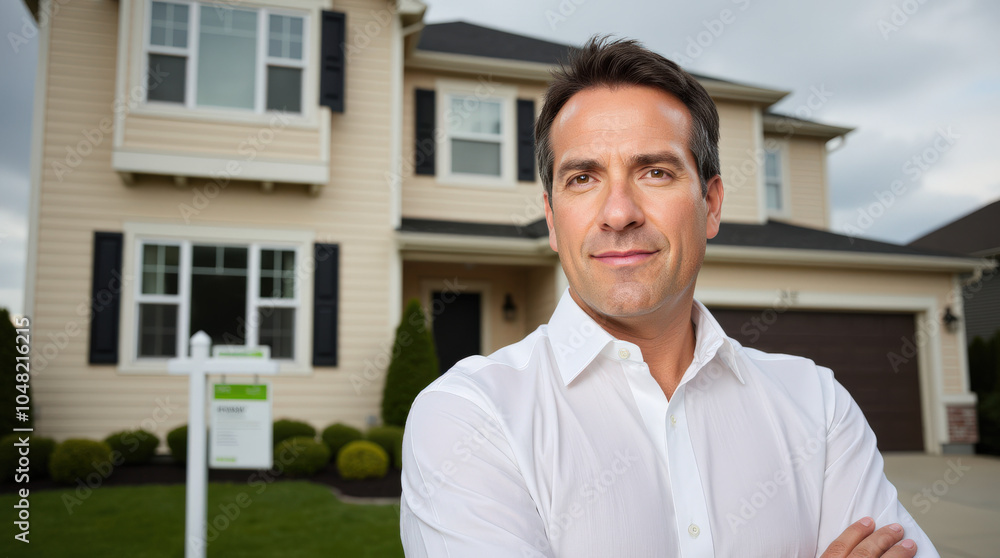 Fototapeta premium Professional Realtor Portrait in Front of Modern Home - Real Estate Agent, Realtor, and Business Professional