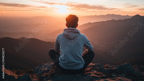 A man sits in lotus pose on a mountain top, looking at the sunset.