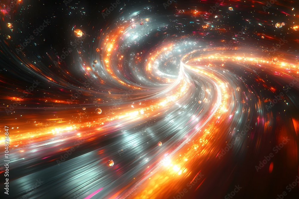 Glowing cosmic spiral with vibrant energy particles cascading through space Glowing cosmic spiral with vibrant energy particles cascading through space