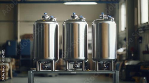 Stainless steel tanks for mixing and blending.