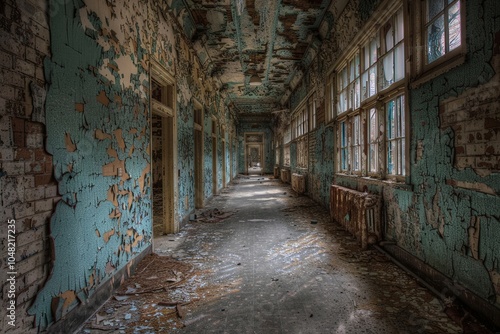 Desolate Abandoned Corridor: Weathered Blue Walls, Cracked Paint, and Dusty Floors in an Eerie, Forgotten Building Bathed in Natural Light