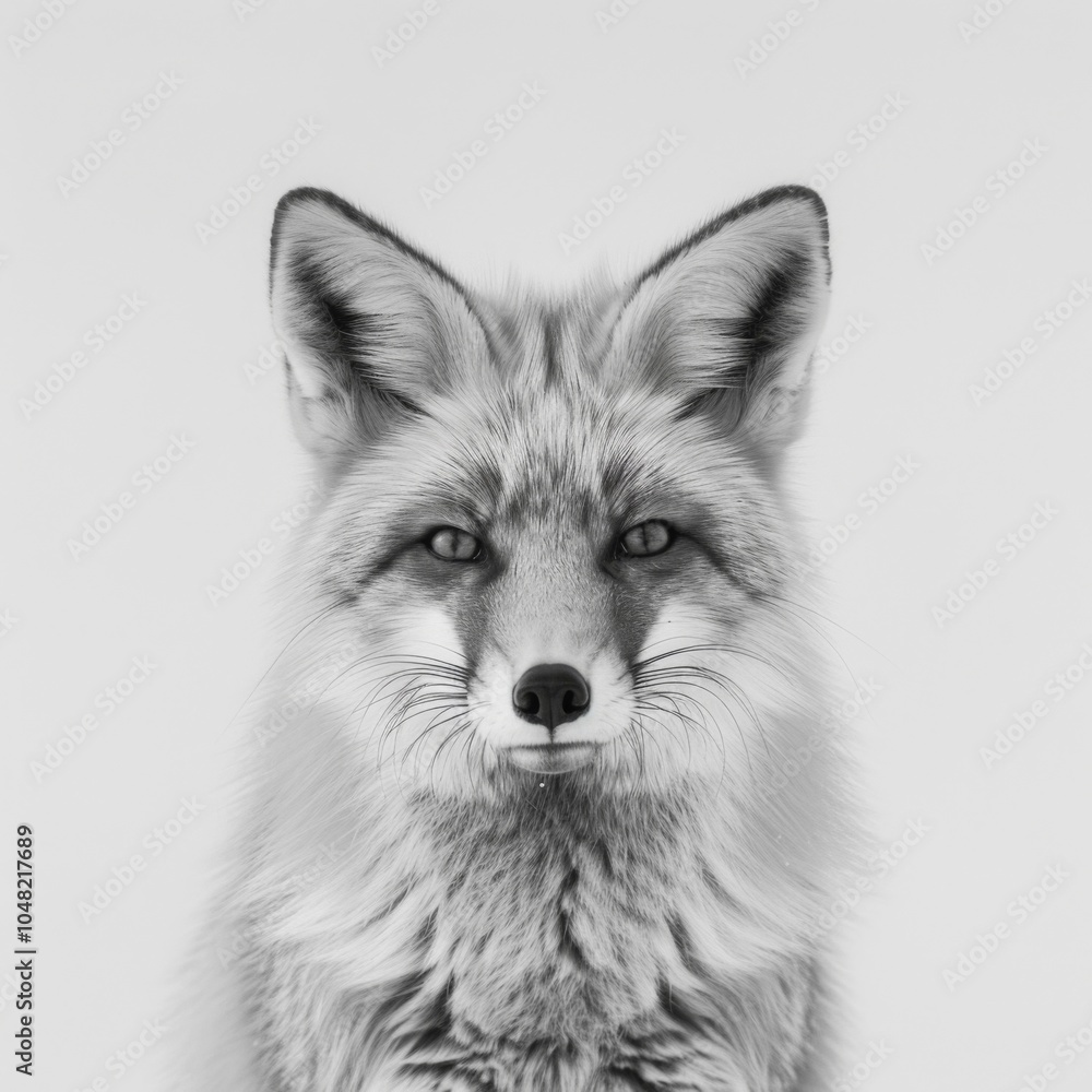Elegant black and white portrait of a fox, showcasing its distinct features and serene expression against a minimalist background. Elegant black and white portrait of a fox, showcasing its distinct features and serene expression against a minimalist background.