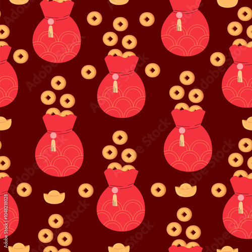 Yuan Coins in the red money bag. Seamless pattern for Chinese New Year. Symbol of wealth and prosperity. Chinese coin with a square hole and Yuanbao on dark red background.