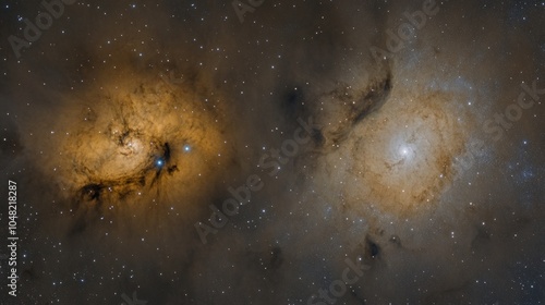 A stunning view of the Milky Way with two nebulae, one with a bright star in the center.