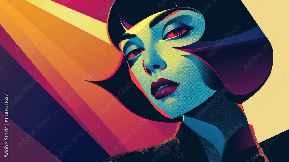 Naklejka premium Retrofuturistic Portrait: A stylized illustration of a woman with vibrant, multicolored hair, exuding confidence and mystery in a bold, graphic style.