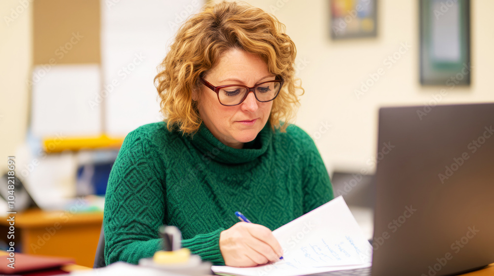 Teacher Grading Papers at Desk in Classroom Setting