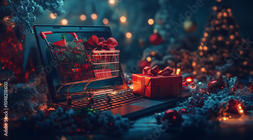 A laptop displaying Christmas gifts in a shopping cart, surrounded by festive decorations and lights. This scene symbolizes online holiday marketing for e-commerce and cybersecurity sales. photo