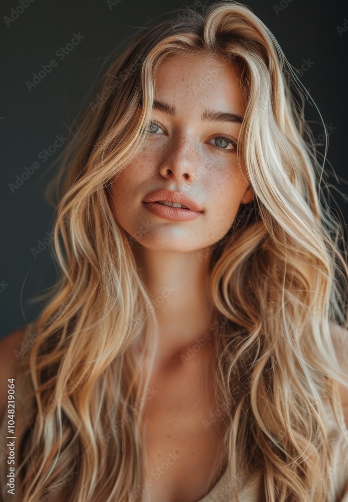 Naklejka premium Portrait of Woman with Wavy Blonde Hair and Freckles
