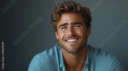 Portrait of a happy handsome man in a shirt with laughing