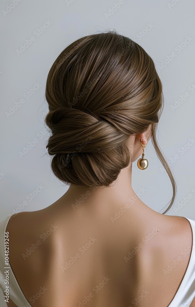 Elegant Woman with Low Twisted Bun and Gold Earrings