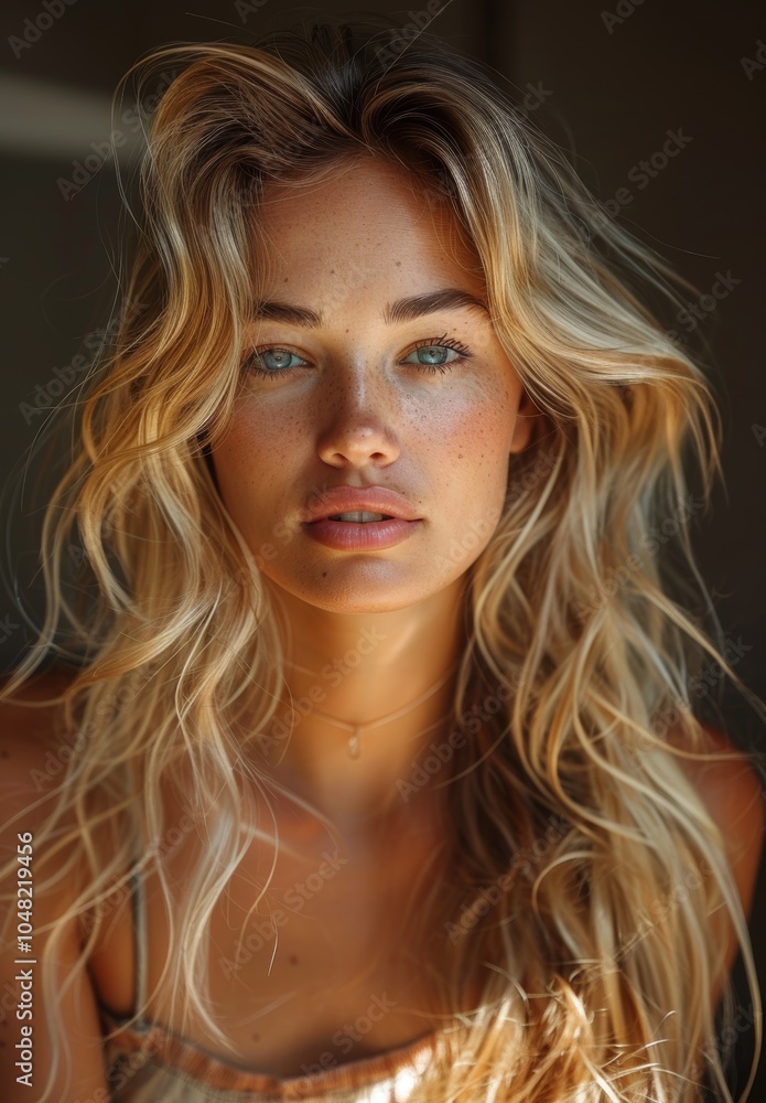 Freckled Blonde Woman with Wavy Hair Portrait Freckled Blonde Woman with Wavy Hair Portrait