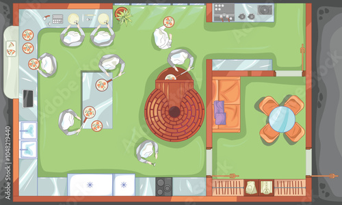 The process of cooking pizza by the chef in top view. The restaurant has a kitchen with furniture arrangement, layout with an oven. A color drawing of a catering company. Vector illustration
