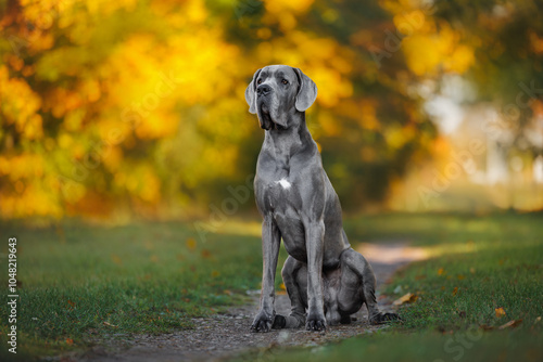 Canvastavla beautiful great dane dog sitting in the autumn park