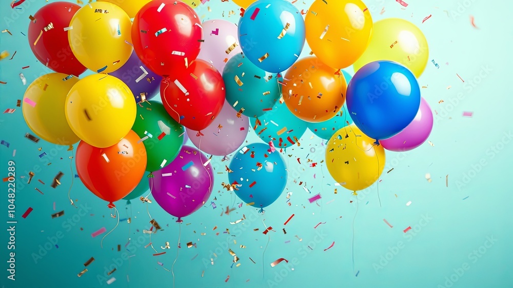 A vibrant celebration with balloons floating against a pastel blue backdrop, adorned with confetti falling like a joyful rain. A vibrant celebration with balloons floating against a pastel blue backdrop, adorned with confetti falling like a joyful rain.