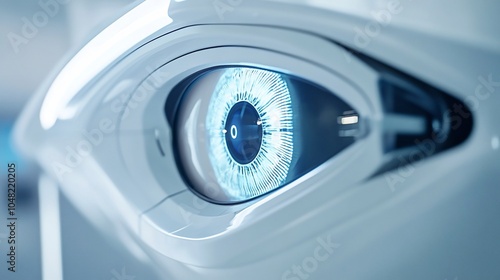 Close-up of a futuristic robotic eye with a blue iris and a white casing.