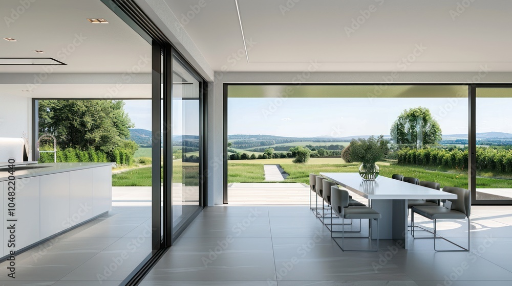 Fototapeta premium Modern dining room with large windows overlooking a rural landscape