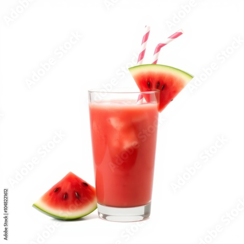 watermelon juice red smoothie slice of watermelon on glass straw on white background isolated