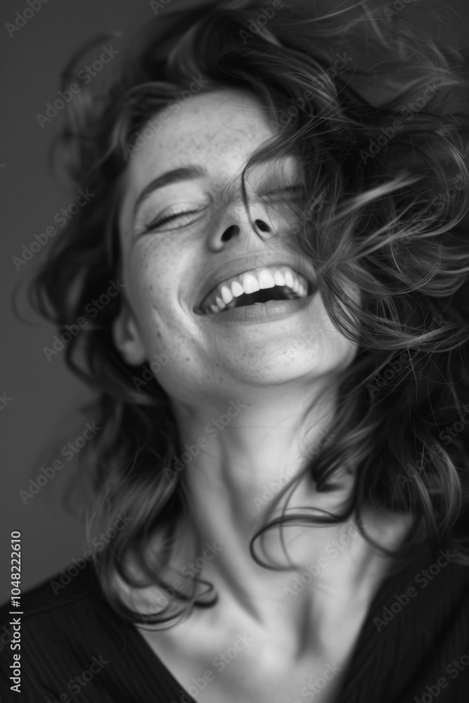 Joyful Woman with Windswept Hair Laughing Heartily in Black and White Portrait, Capturing Pure Happiness and Vibrant Energy. Joyful Woman with Windswept Hair Laughing Heartily in Black and White Portrait, Capturing Pure Happiness and Vibrant Energy.