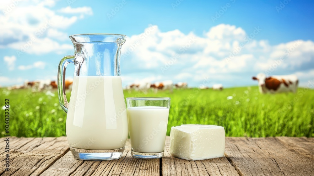 Fresh milk from pitcher into the glass with grass field and cows with a natural background,fresh milk ad template banner,Cows live on natural pastures, packaging with milk packs concept. Fresh milk from pitcher into the glass with grass field and cows with a natural background,fresh milk ad template banner,Cows live on natural pastures, packaging with milk packs concept.