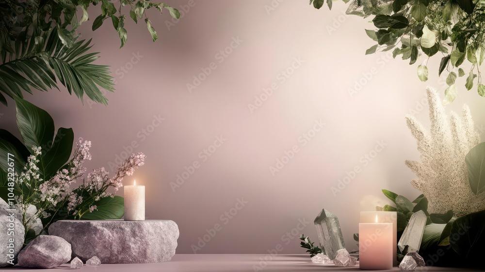 Spalike room with crystals, candles, and natural healing herbs, 3D illustration Spalike room with crystals, candles, and natural healing herbs, 3D illustration