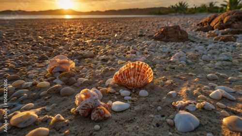 Colorful Seashells on Sandy Beach at Sunset photo