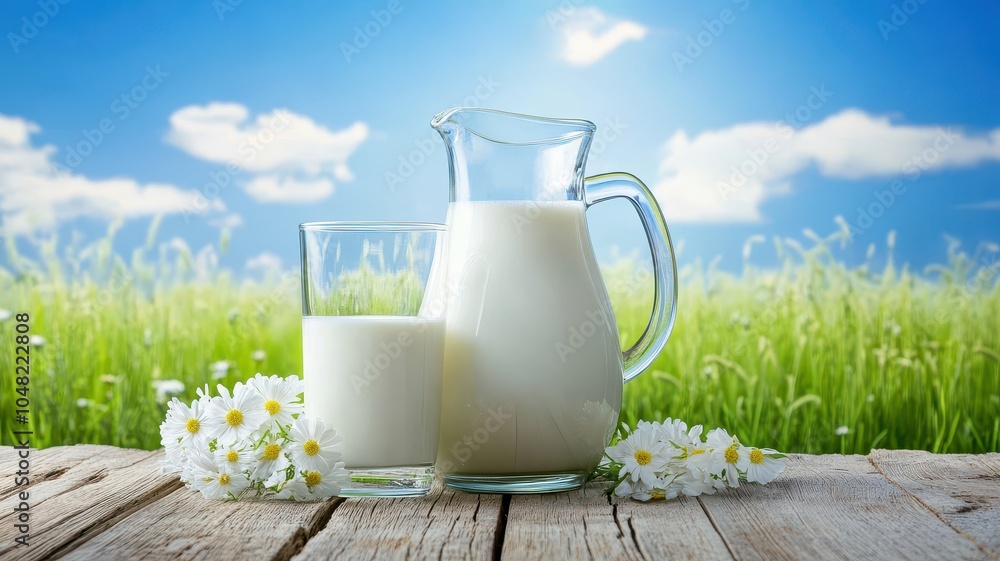 Fresh milk from pitcher into the glass with grass field and cows with a natural background,fresh milk ad template banner,Cows live on natural pastures, packaging with milk packs concept. Fresh milk from pitcher into the glass with grass field and cows with a natural background,fresh milk ad template banner,Cows live on natural pastures, packaging with milk packs concept.