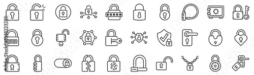 Set of 30 outline icons related to padlock. Linear icon collection. Editable stroke. Vector illustration