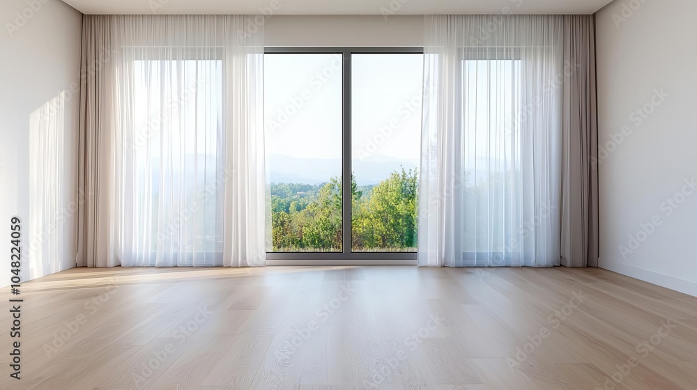 Fototapeta premium Clean and spacious living room, large windows with sheer curtains, and light wooden flooring Airy space, Contemporary home