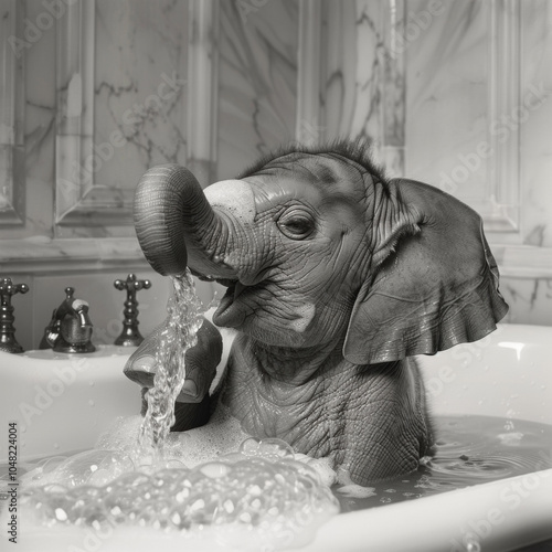 Playful Baby Elephant Joyfully Splashing in a Luxurious Bathtub Surrounded by Foam and Elegant Decor, Capturing Pure Joy in a Unique Setting. photo